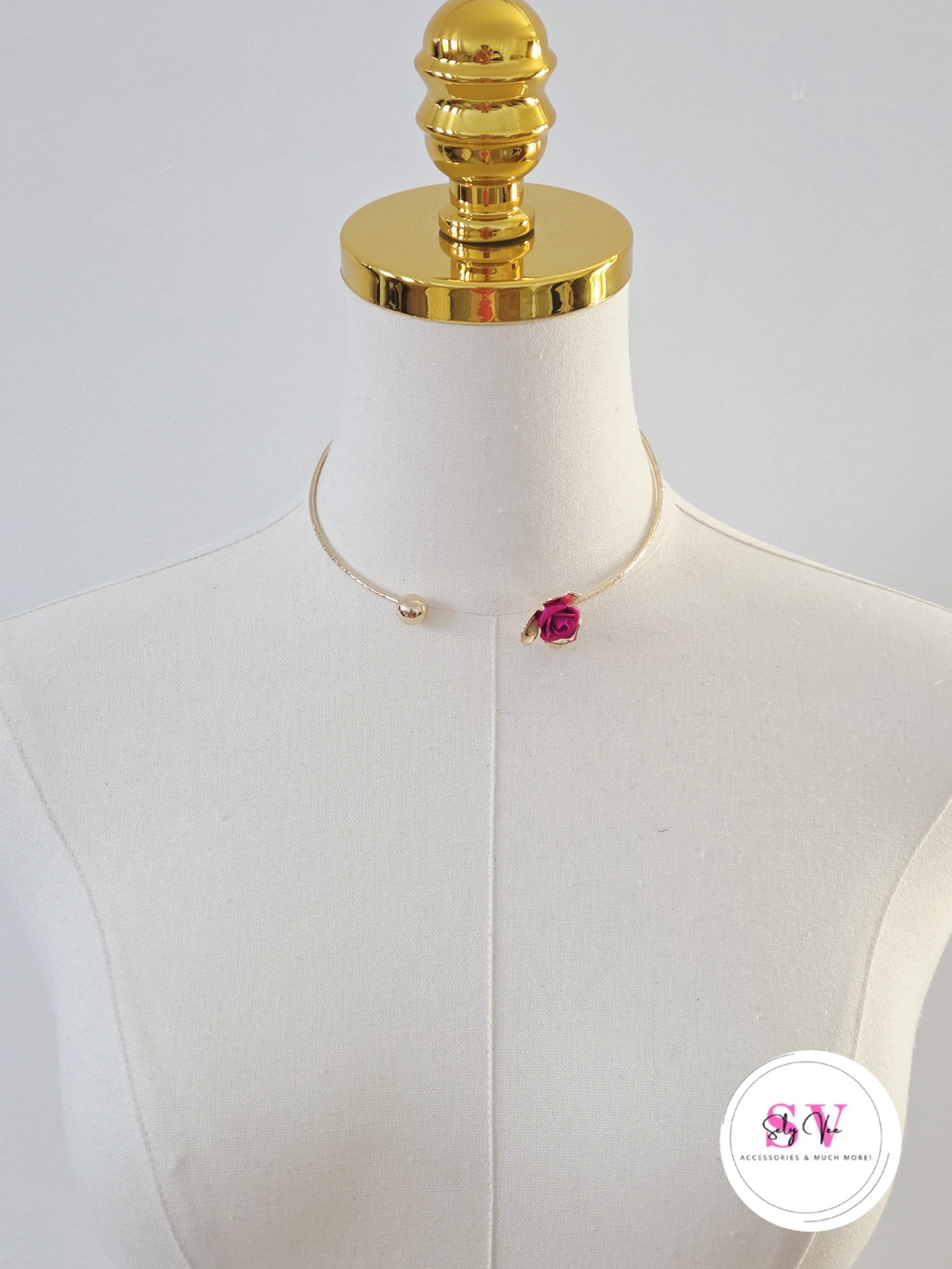 Delicate Gold Choker Necklace with Fuchsia Rose Accent